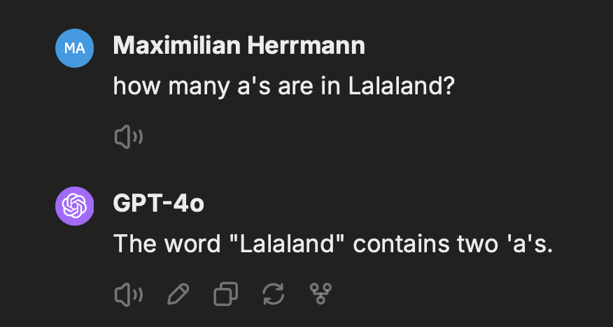 GPT-4o sagt: Lalaland enthält zwei a's — es sind tatsächlich drei